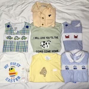 Baby Boy Outfit Lot 6 pcs Smocked Seersucker Rompers Carter’s Easter 0-9M
